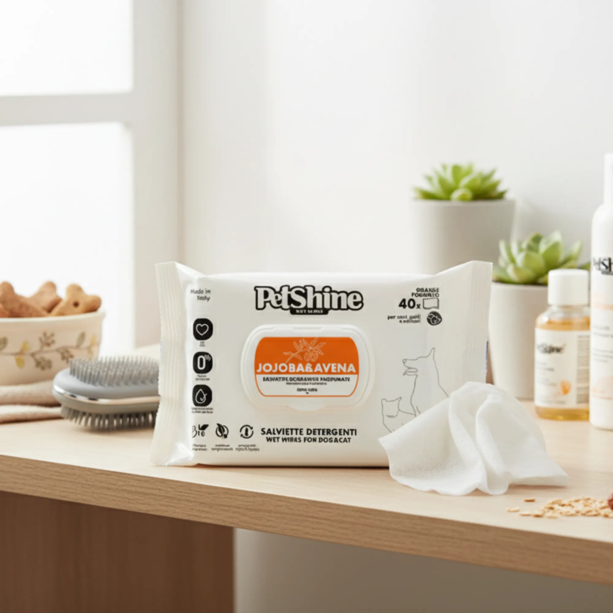 Petshine wet wipes for dogs and cats 40 Units 30x20 cm - jojoba and avena Pack of 12