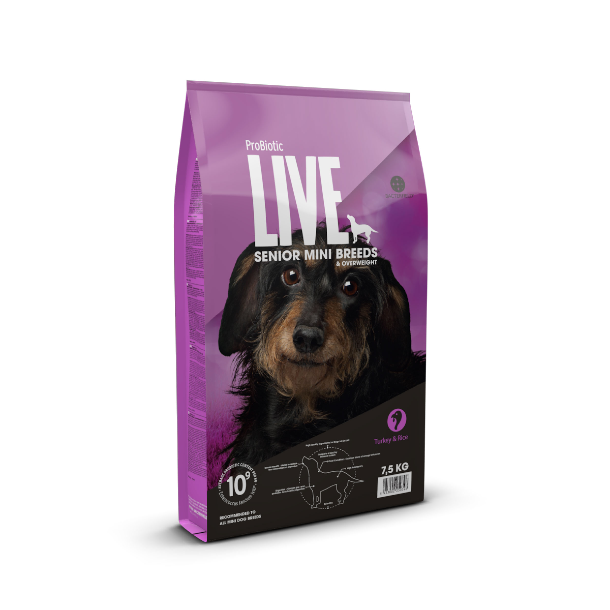 Probiotic Live dry food senior & overweight Mini Breeds Turkey - 7.5kg