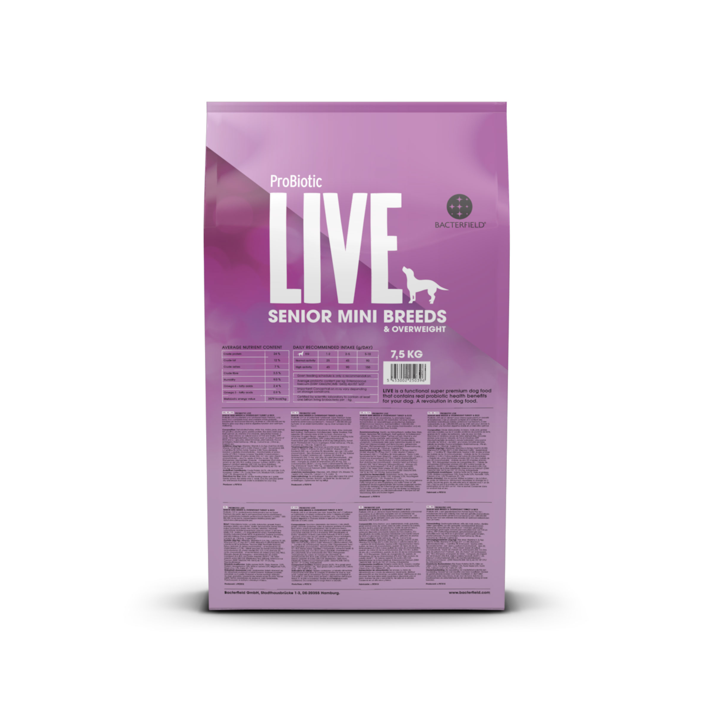 Probiotic Live dry food senior & overweight Mini Breeds Turkey - 7.5kg