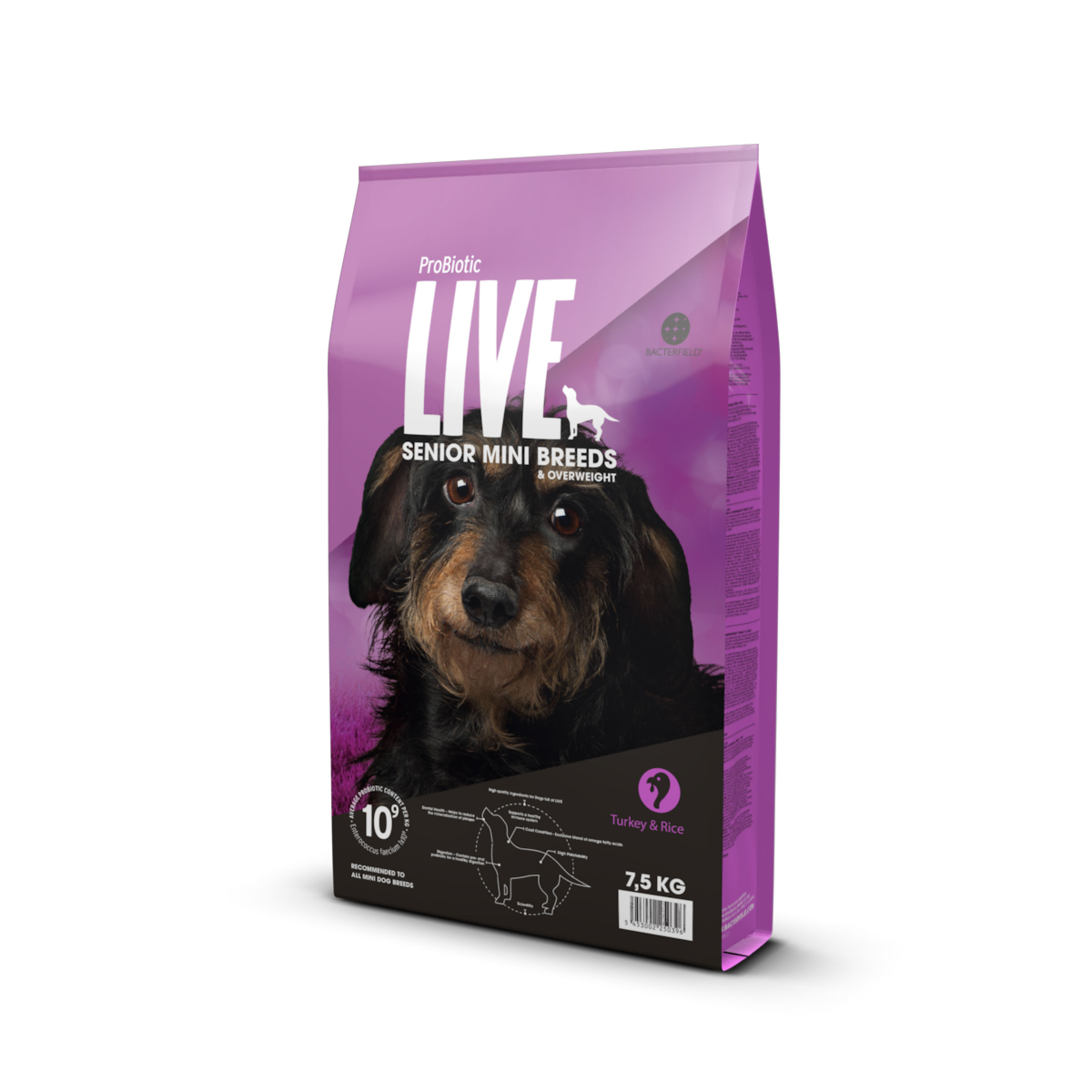 Probiotic Live dry food senior & overweight Mini Breeds Turkey - 7.5kg