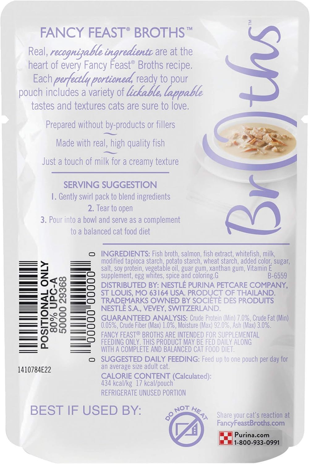Purina Fancy Feast Lickable Creamy Broths Cat Wet Food Complement Wild Salmon and Whitefish 40g - Pack of 16