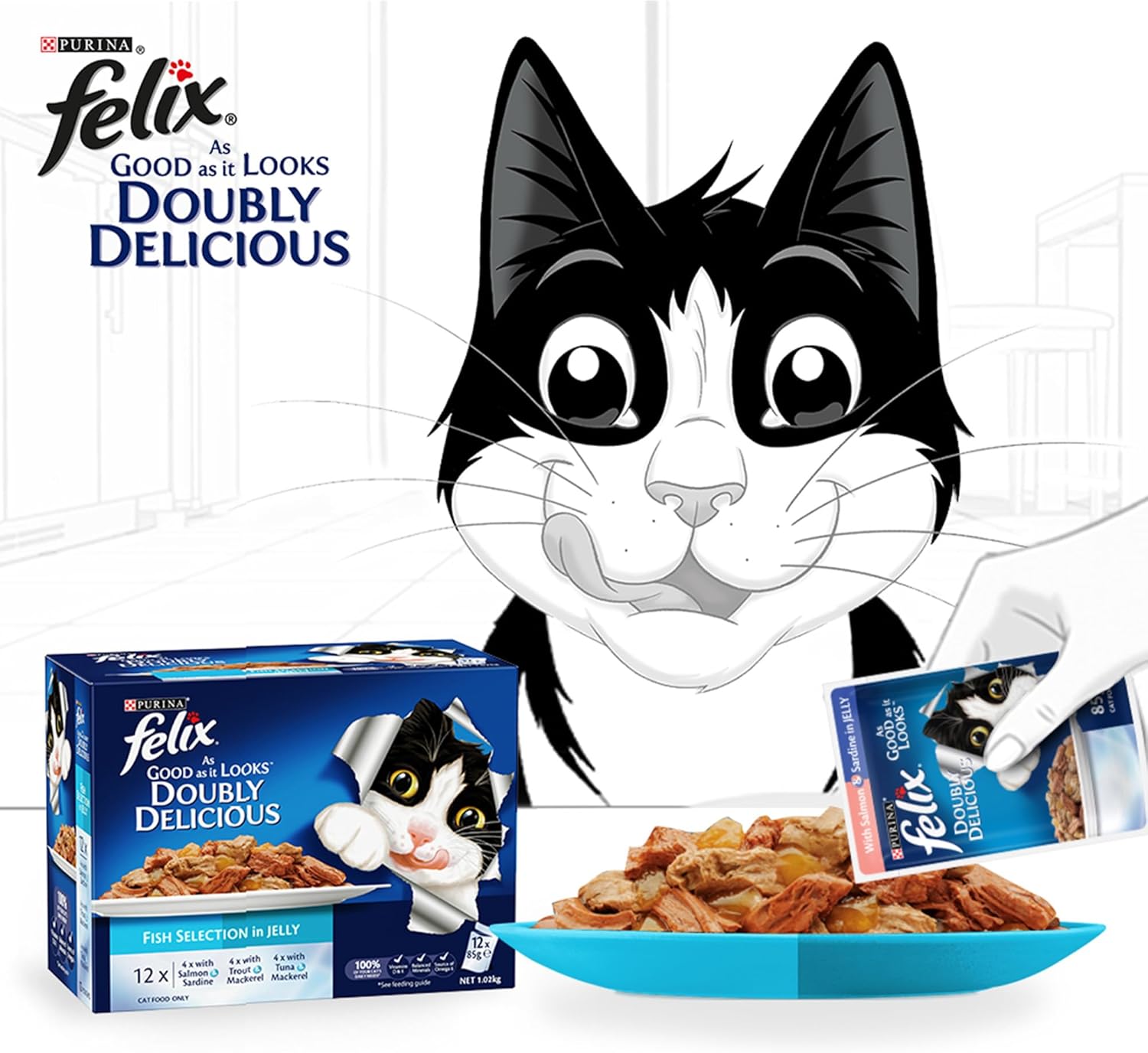 Purina Felix As Good As It Looks Doubly Delicious Cat Wet Food Fish Selection in Jelly 85g Pack of 12