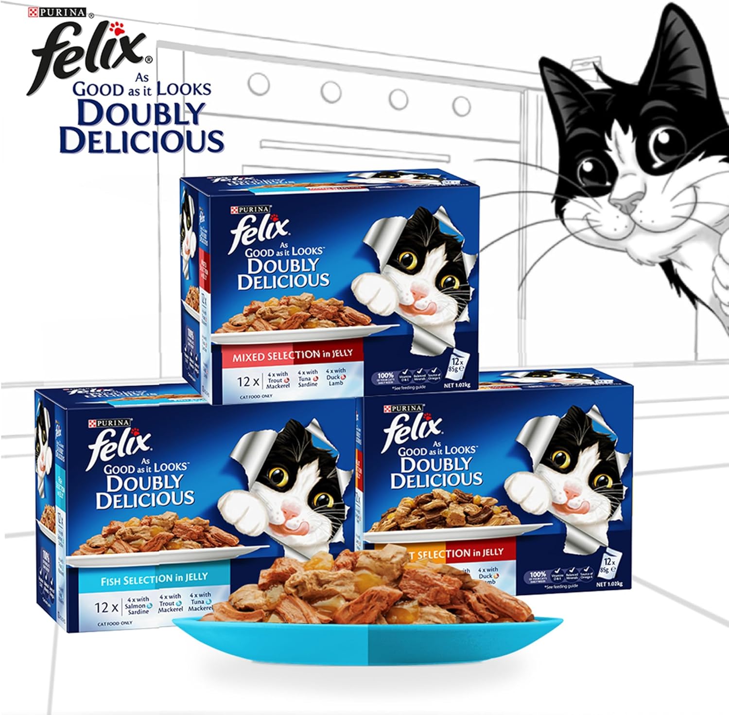 Purina Felix As Good As It Looks Doubly Delicious Cat Wet Food Fish Selection in Jelly 85g Pack of 12