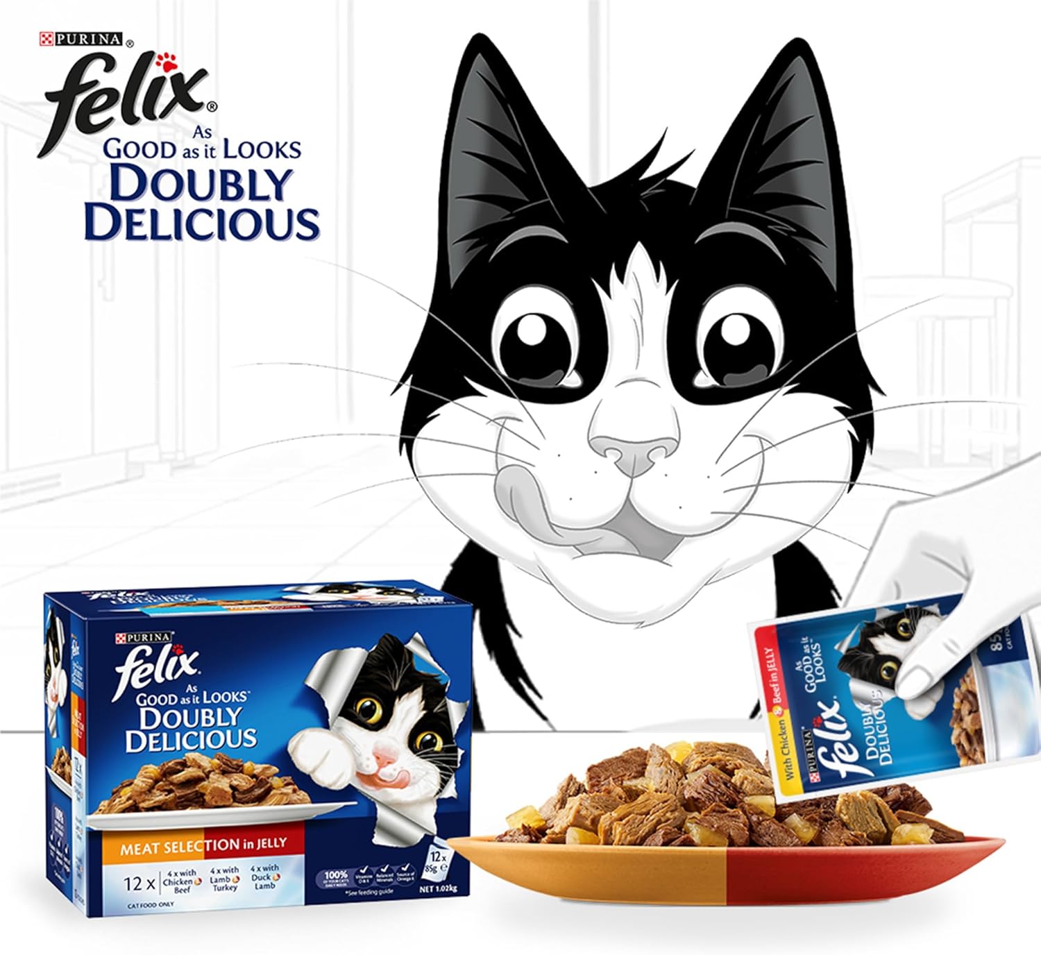 Purina Felix As Good As It Looks Doubly Delicious Cat Wet Food Meat Selection in Jelly 85g Pack of 12