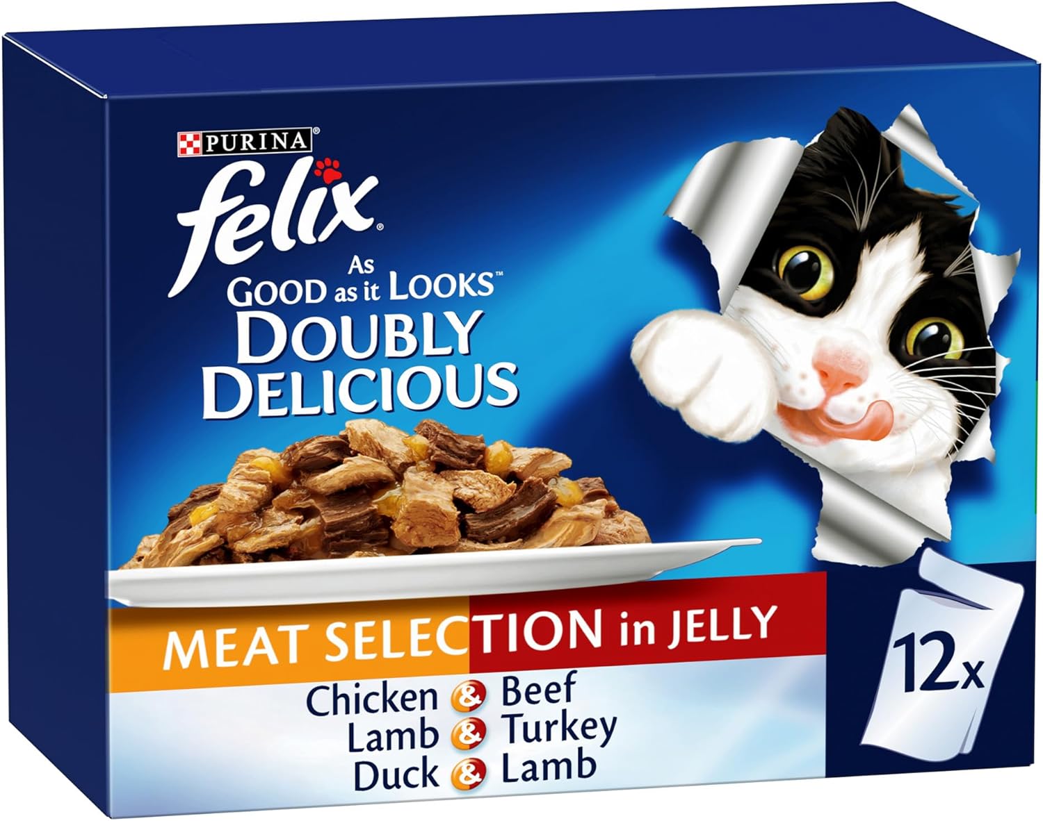 Purina Felix As Good As It Looks Doubly Delicious Cat Wet Food Meat Selection in Jelly 85g Pack of 12