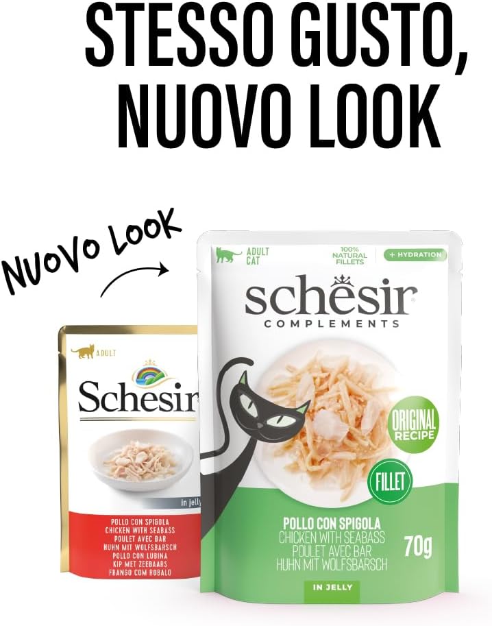 Schesir Complements Cat Wet Food in Jelly Pouch- Chicken With Seabass 70g