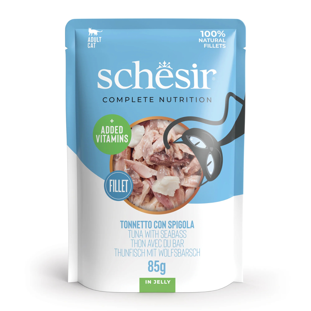 Schesir Complete & Balanced Nutrition Wet Cat Food in Jelly Pouch- Tuna With Seabass 85g