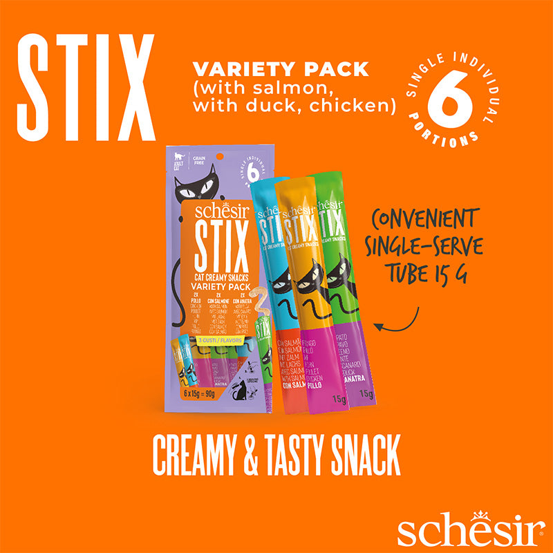 Schesir Stix Treat Variety Pack - Mixed Flavors, Chicken,Duck & Salmon 6x15g