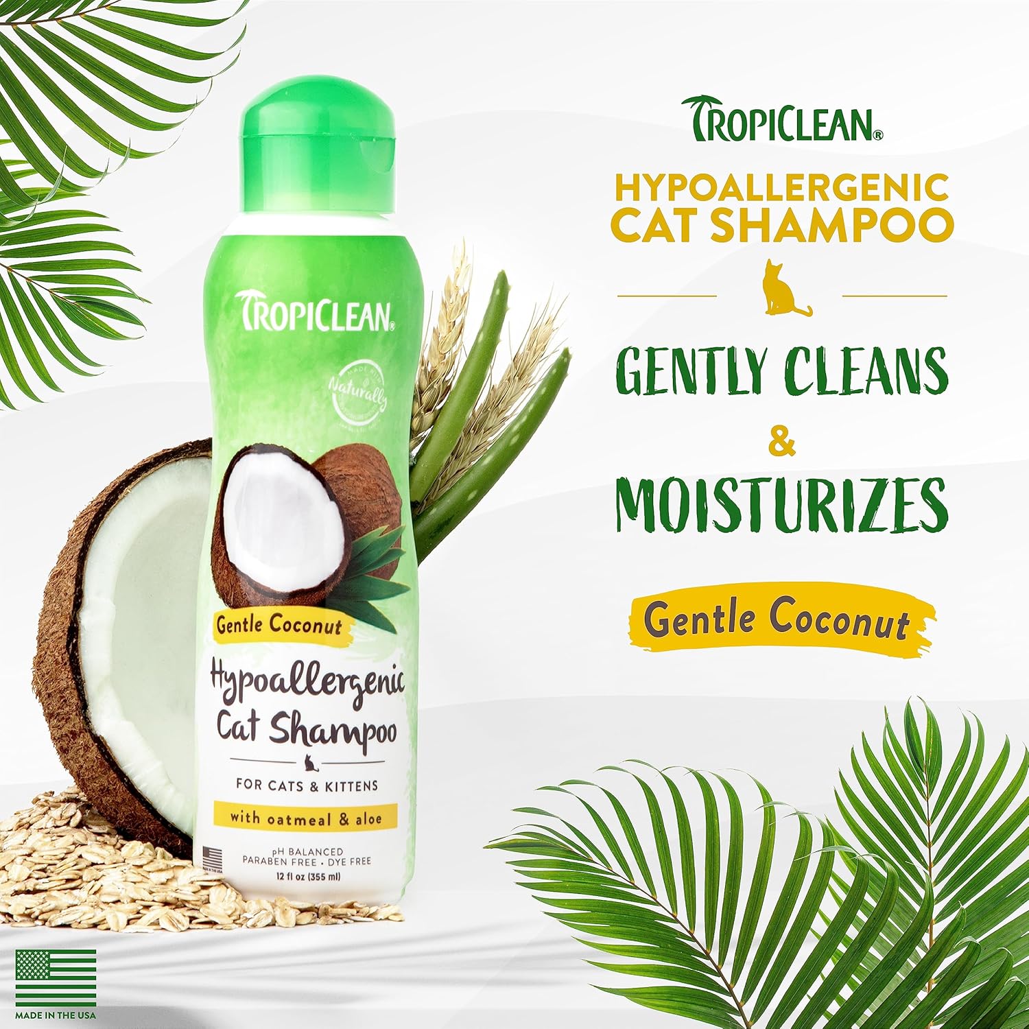 TropiClean Gentle Coconut Hypoallergenic Cat and Kitten Shampoo, 12oz