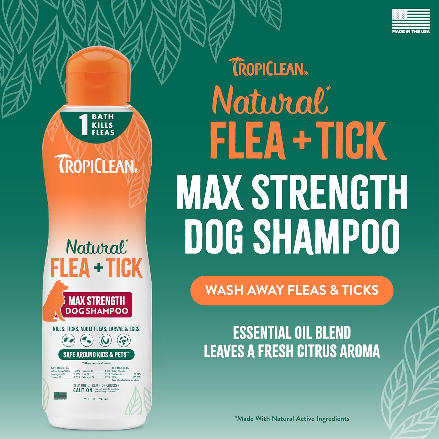 Tropiclean Natural Flea & Tick Shampoo - Maximum Strength for Dogs - 20 oz