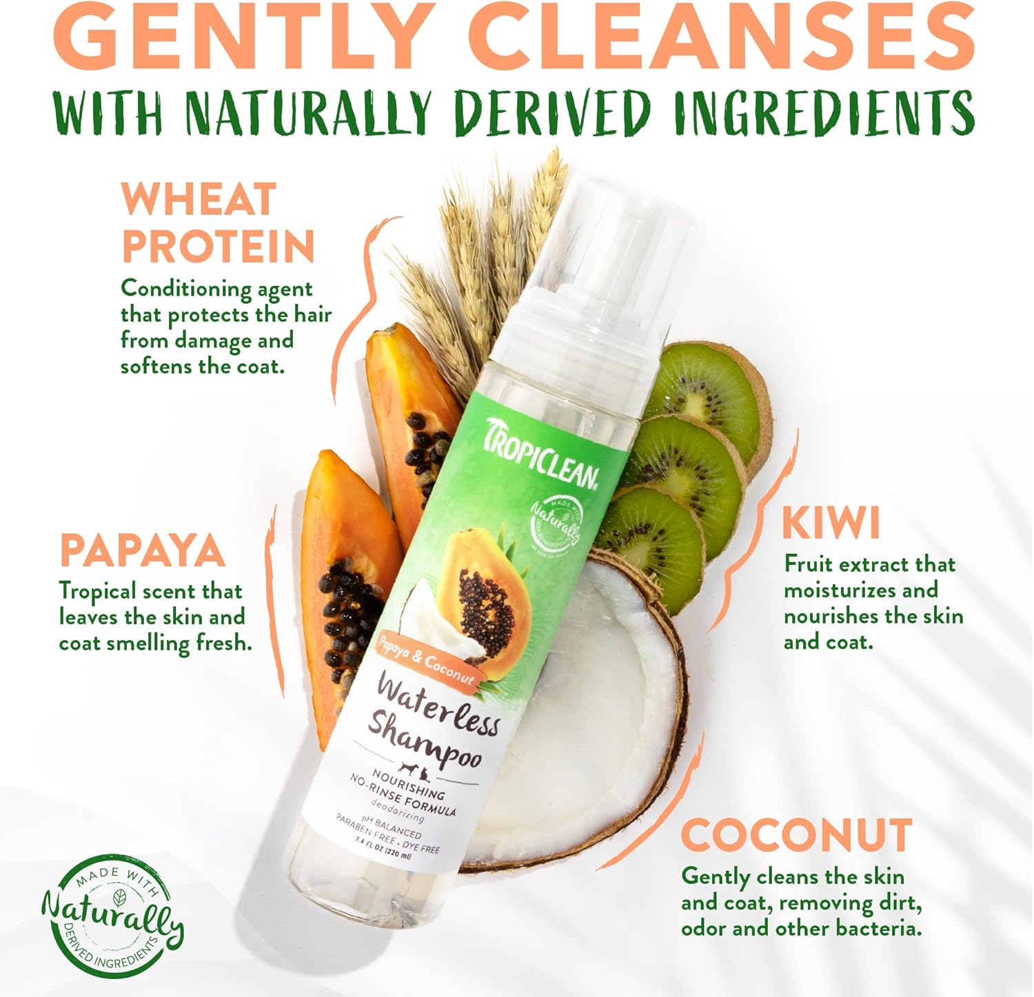 TropiClean Papaya Waterless Shampoo for Pets, 7.4oz