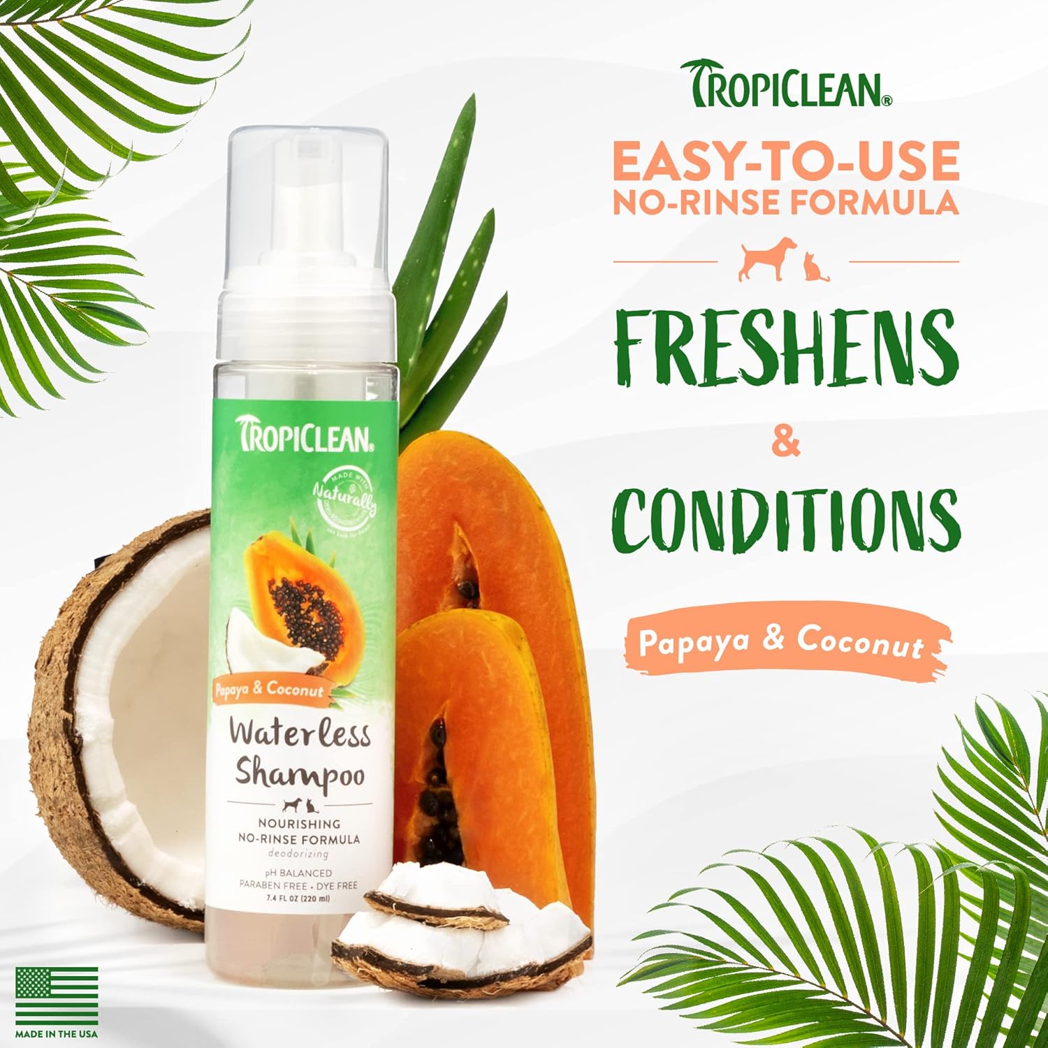 TropiClean Papaya Waterless Shampoo for Pets, 7.4oz