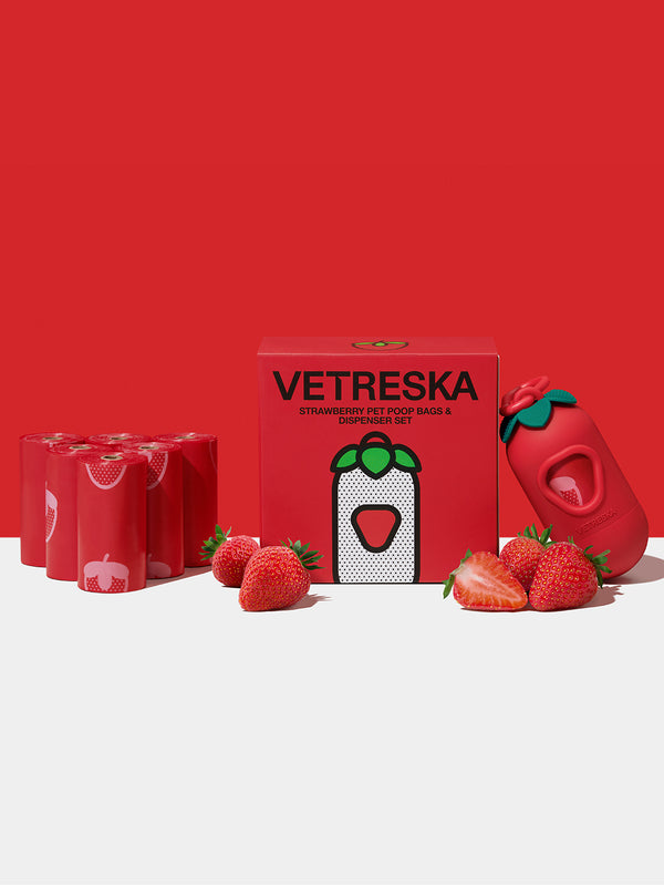 VETRESKA Strawberry Pet Poop Bags & Dispenser Set (1 Dispenser + 7 Rolls)