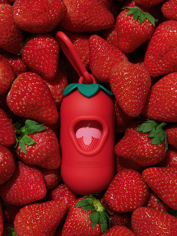 VETRESKA Strawberry Pet Poop Bags & Dispenser Set (1 Dispenser + 7 Rolls)