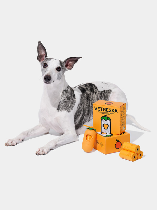 VETRESKA Tangerine Pet Poop Bags & Dispenser Set (1 Dispenser + 7 Rolls)