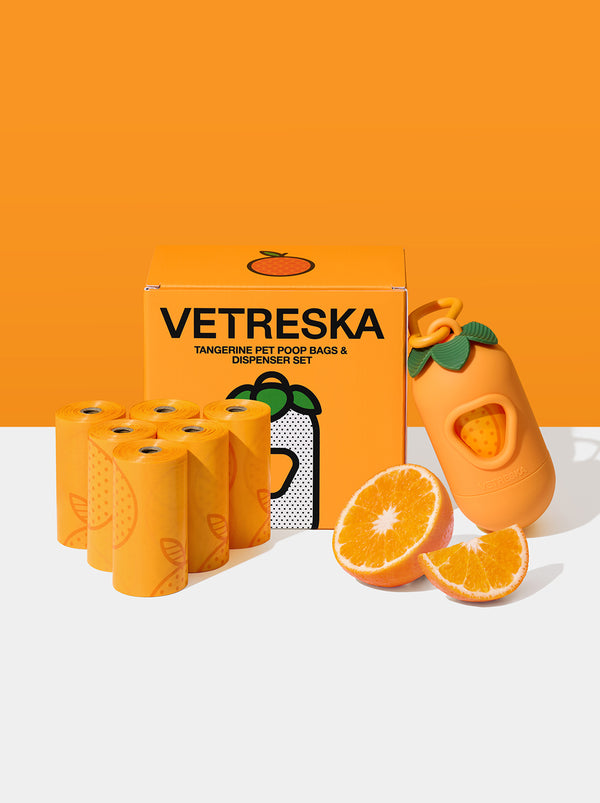 VETRESKA Tangerine Pet Poop Bags & Dispenser Set (1 Dispenser + 7 Rolls)