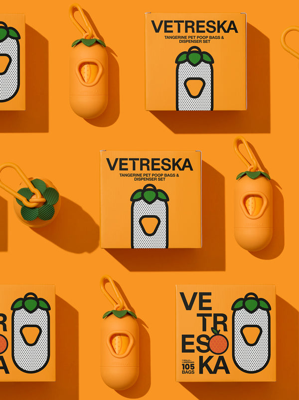 VETRESKA Tangerine Pet Poop Bags & Dispenser Set (1 Dispenser + 7 Rolls)